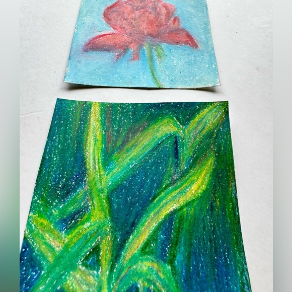 Handmade Art Hand Crafted Artwork Pair Red Flower & Grass Thumbnail Drawing Set - Picture 5 of 5